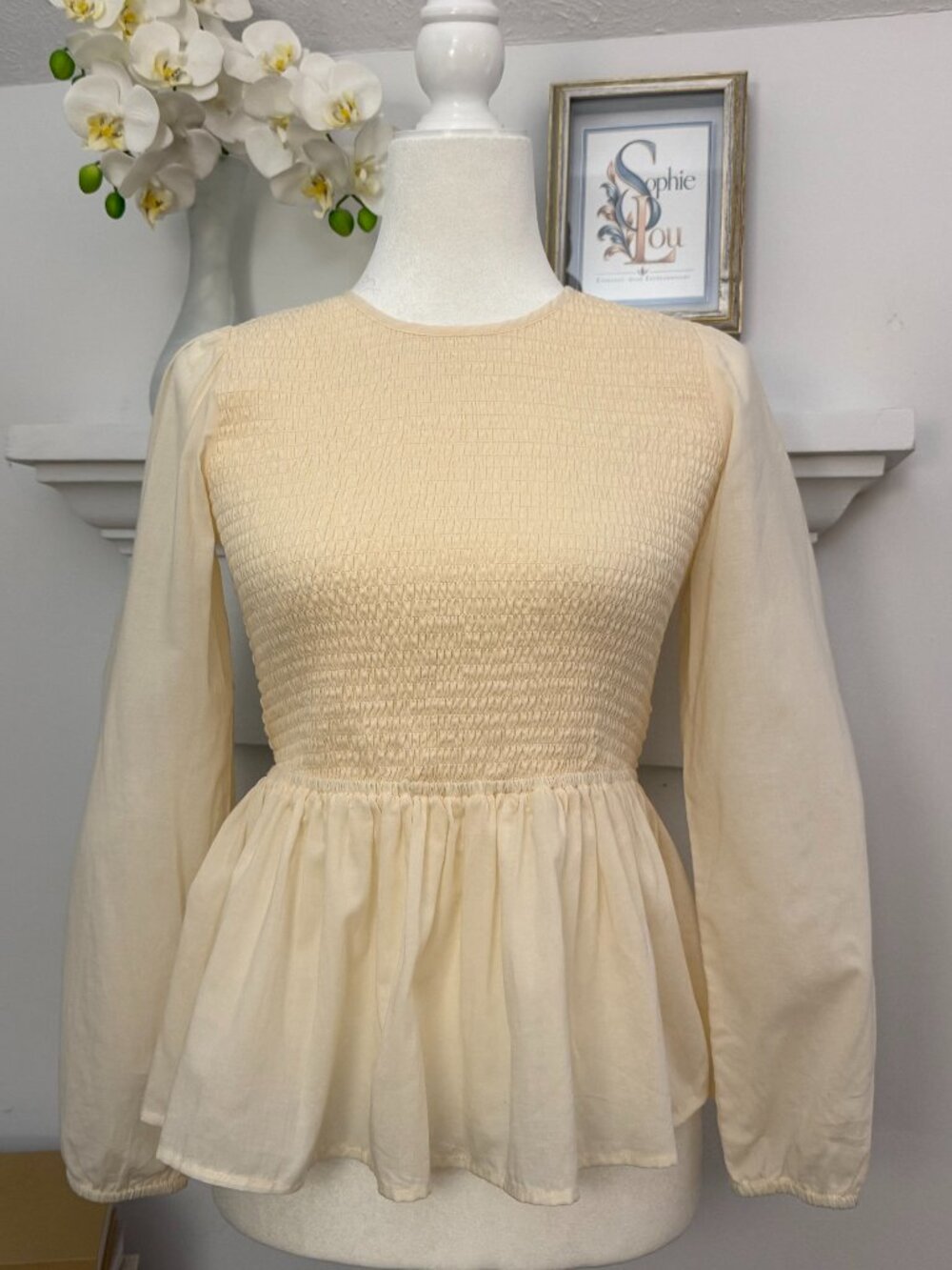 Marine Layer Gabrielle Cream Smocked Peplum Top Size S Excellent Condition